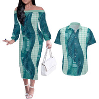 Polynesian Tribal Pattern Patchwork Picturesque Couples Matching Off The Shoulder Long Sleeve Dress and Hawaiian Shirt Oceanic LT7 Blue - Polynesian Pride