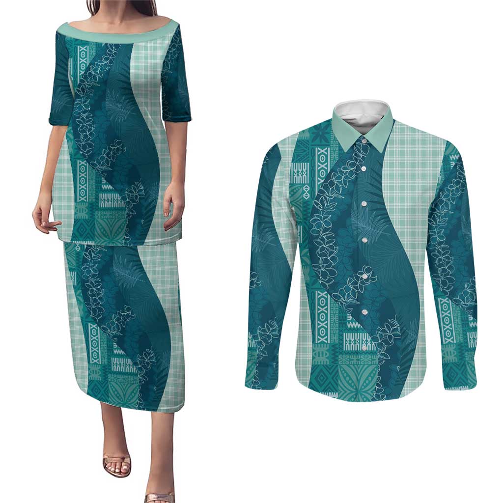 Polynesian Tribal Pattern Patchwork Picturesque Couples Matching Puletasi and Long Sleeve Button Shirt Oceanic