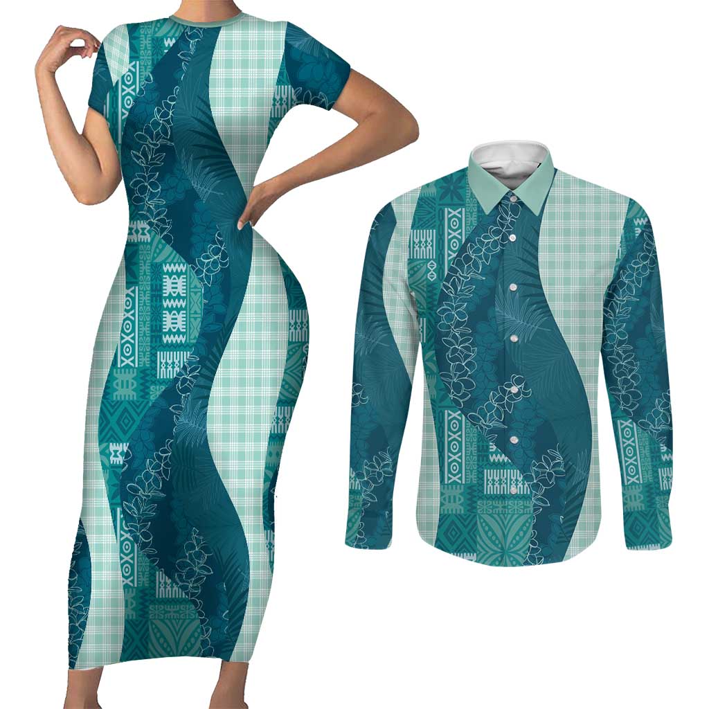 Polynesian Tribal Pattern Patchwork Picturesque Couples Matching Short Sleeve Bodycon Dress and Long Sleeve Button Shirt Oceanic