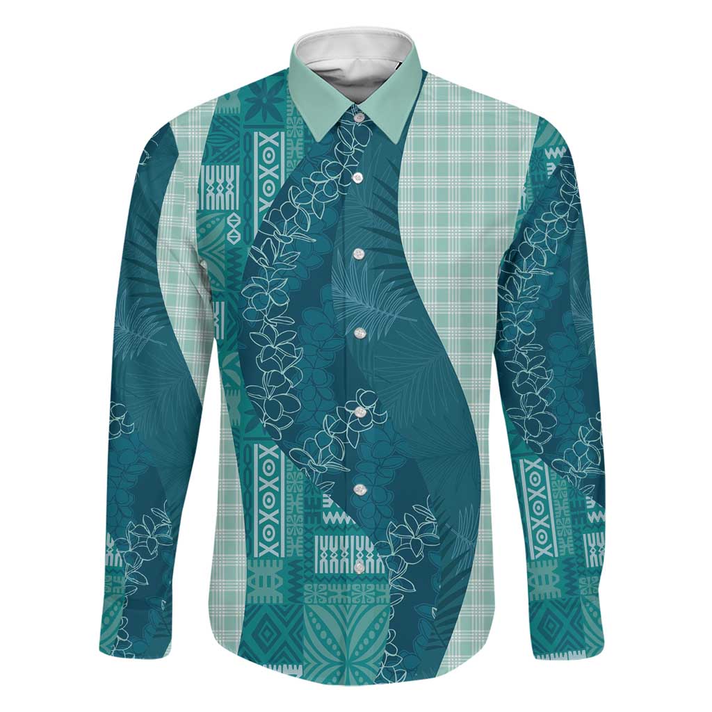 Polynesian Tribal Pattern Patchwork Picturesque Family Matching Mermaid Dress and Hawaiian Shirt Oceanic LT7 Dad's Shirt - Long Sleeve Blue - Polynesian Pride