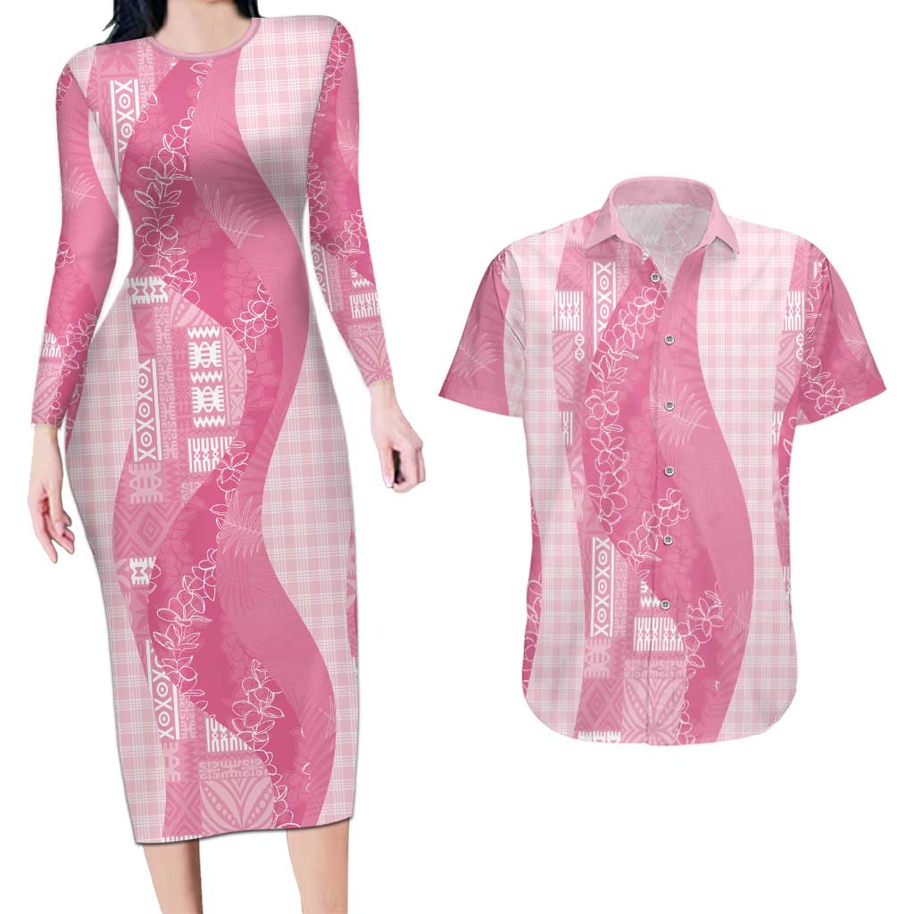 Polynesian Tribal Pattern Patchwork Picturesque Couples Matching Long Sleeve Bodycon Dress and Hawaiian Shirt Rose Pink