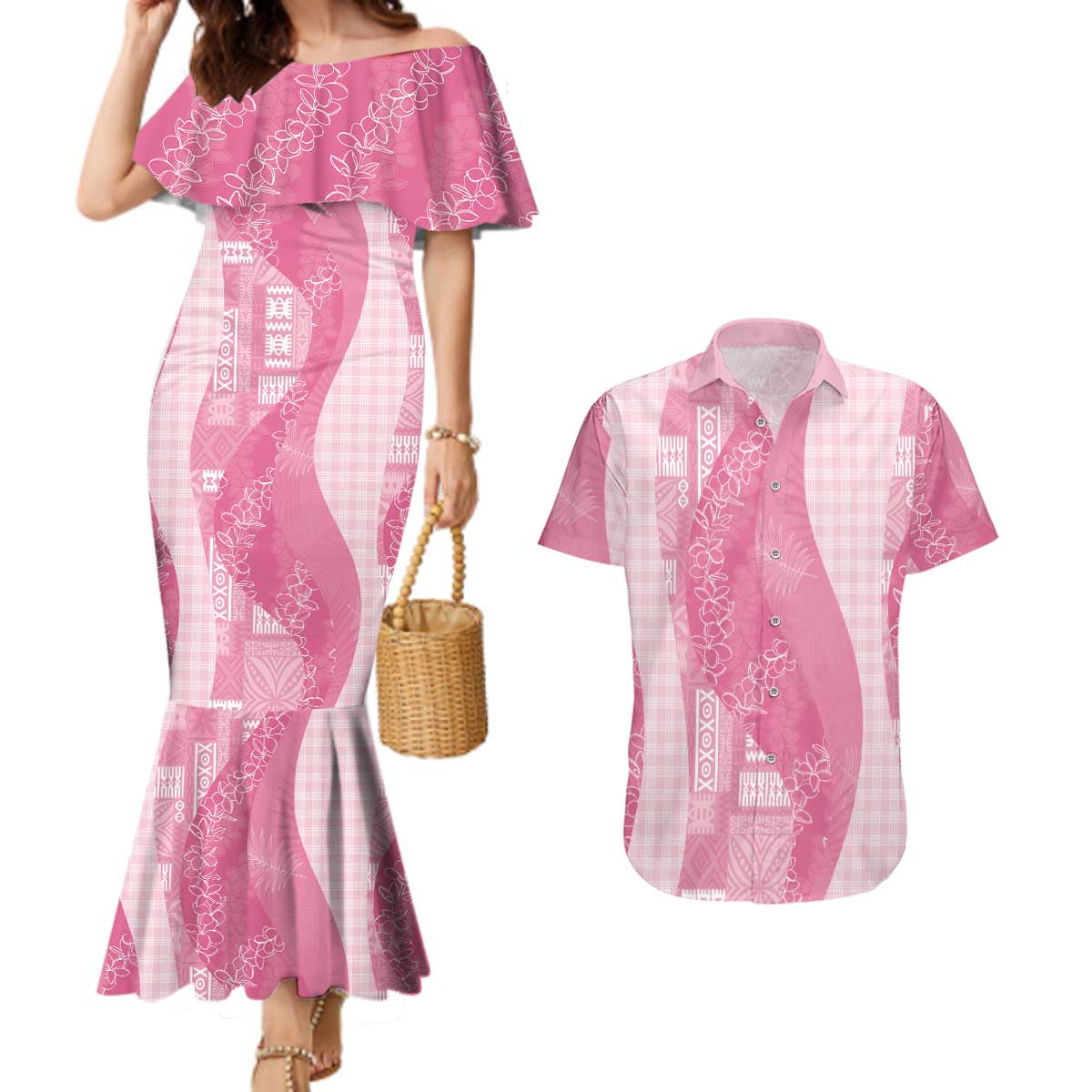 Polynesian Tribal Pattern Patchwork Picturesque Couples Matching Mermaid Dress and Hawaiian Shirt Rose Pink