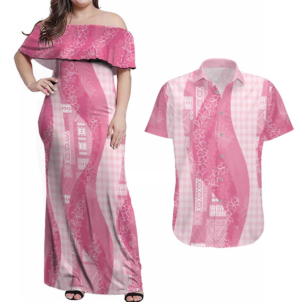 Polynesian Tribal Pattern Patchwork Picturesque Couples Matching Off Shoulder Maxi Dress and Hawaiian Shirt Rose Pink