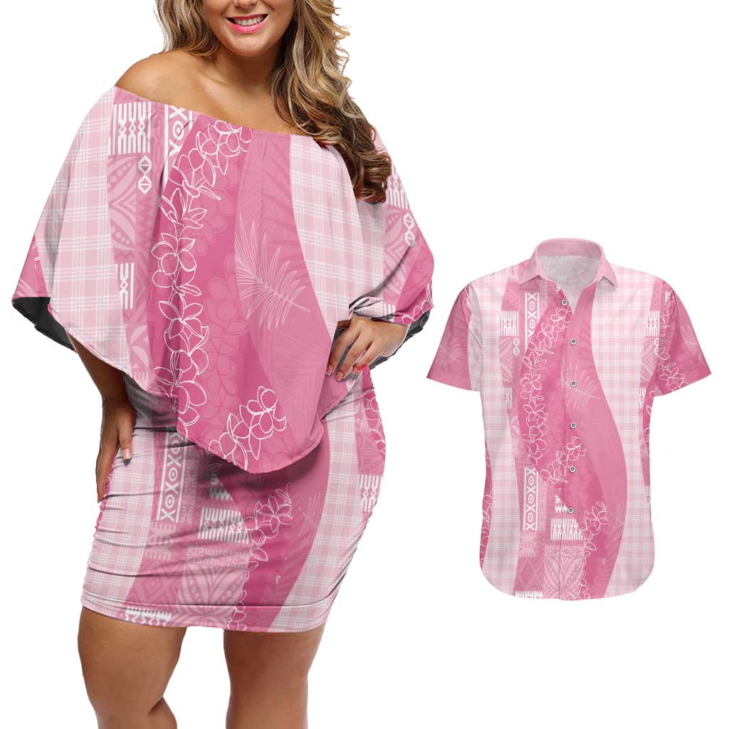 Polynesian Tribal Pattern Patchwork Picturesque Couples Matching Off Shoulder Short Dress and Hawaiian Shirt Rose Pink