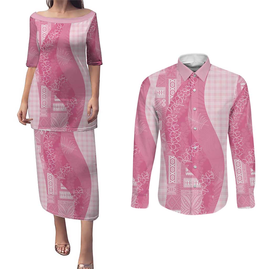 Polynesian Tribal Pattern Patchwork Picturesque Couples Matching Puletasi and Long Sleeve Button Shirt Rose Pink