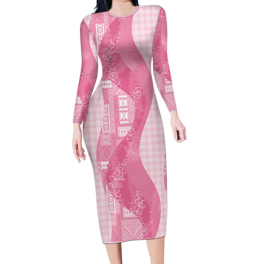 Polynesian Tribal Pattern Patchwork Picturesque Family Matching Long Sleeve Bodycon Dress and Hawaiian Shirt Rose Pink