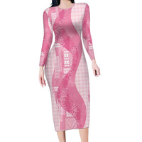 Polynesian Tribal Pattern Patchwork Picturesque Family Matching Long Sleeve Bodycon Dress and Hawaiian Shirt Rose Pink