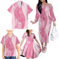 Polynesian Tribal Pattern Patchwork Picturesque Family Matching Off The Shoulder Long Sleeve Dress and Hawaiian Shirt Rose Pink