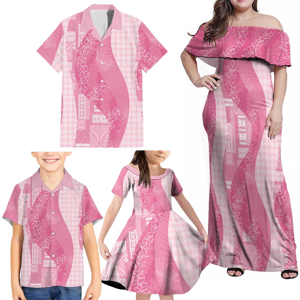 Polynesian Tribal Pattern Patchwork Picturesque Family Matching Off Shoulder Maxi Dress and Hawaiian Shirt Rose Pink