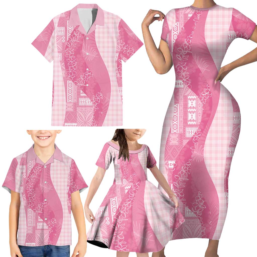 Polynesian Tribal Pattern Patchwork Picturesque Family Matching Short Sleeve Bodycon Dress and Hawaiian Shirt Rose Pink
