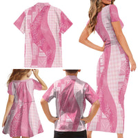 Polynesian Tribal Pattern Patchwork Picturesque Family Matching Short Sleeve Bodycon Dress and Hawaiian Shirt Rose Pink