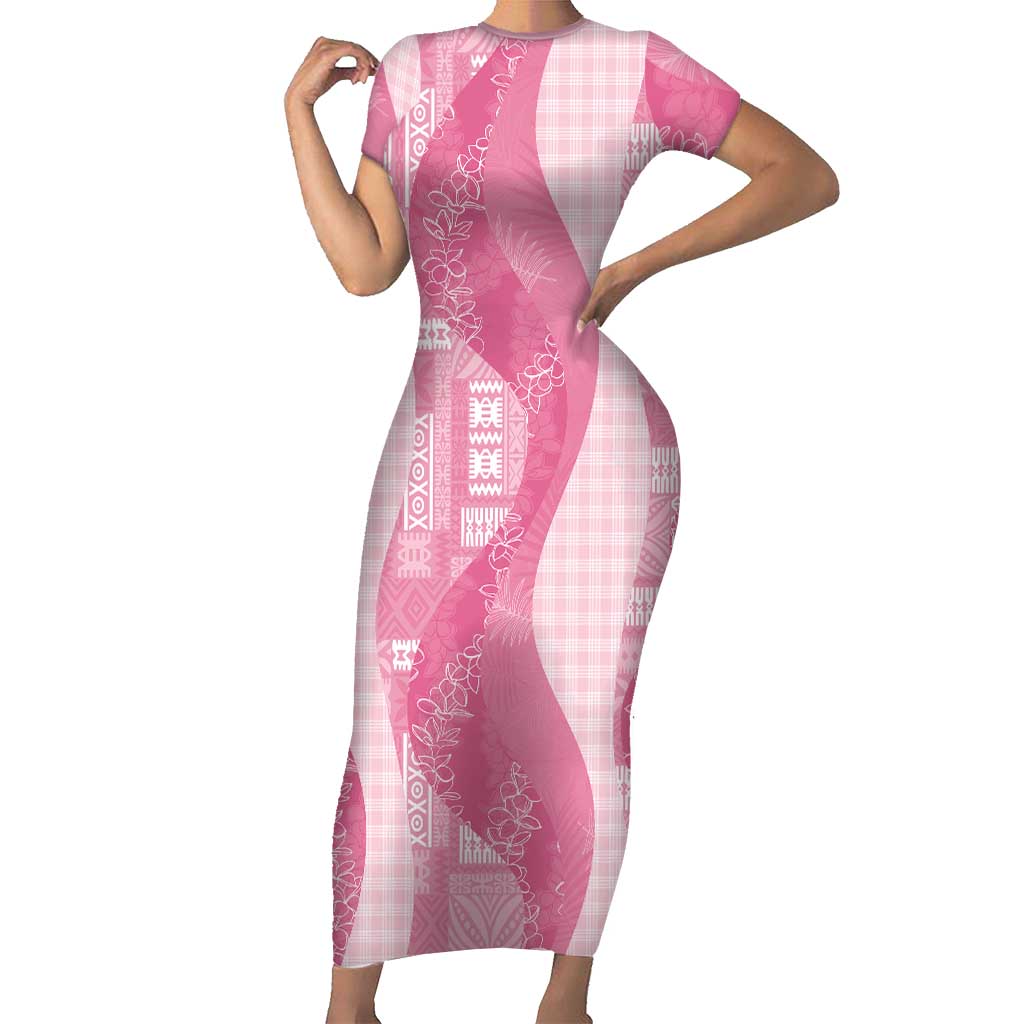 Polynesian Tribal Pattern Patchwork Picturesque Family Matching Short Sleeve Bodycon Dress and Hawaiian Shirt Rose Pink