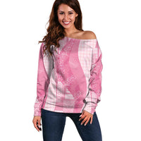 Polynesian Tribal Pattern Patchwork Picturesque Off Shoulder Sweater Rose Pink