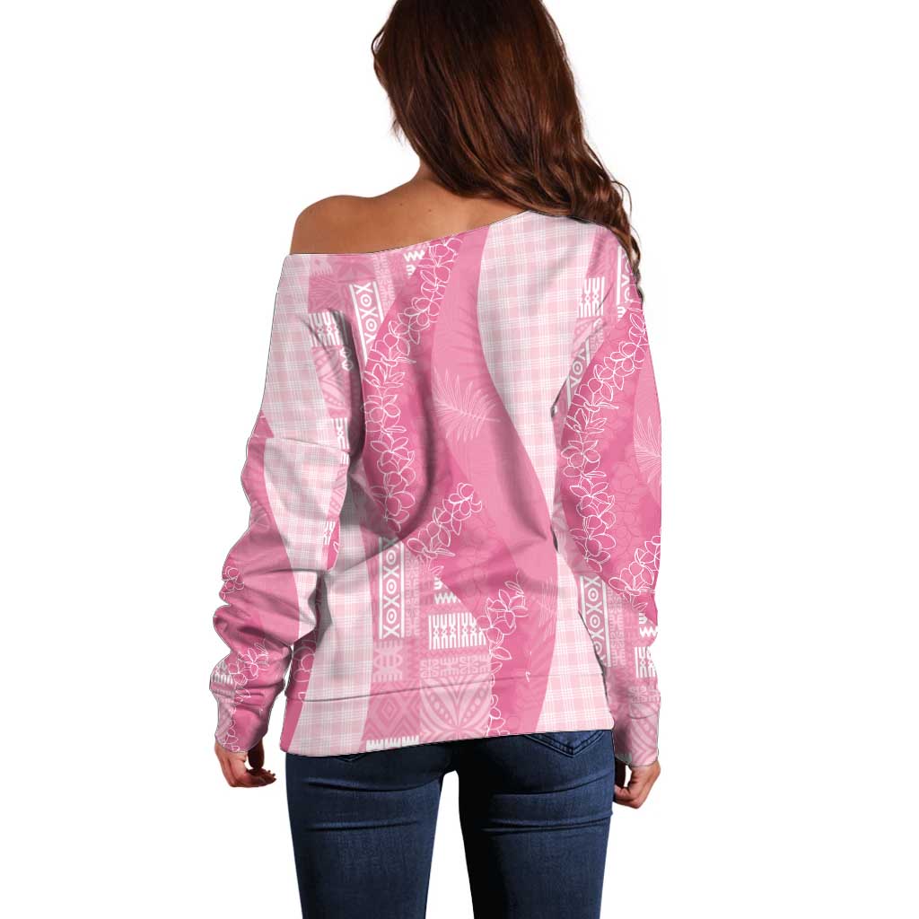 Polynesian Tribal Pattern Patchwork Picturesque Off Shoulder Sweater Rose Pink
