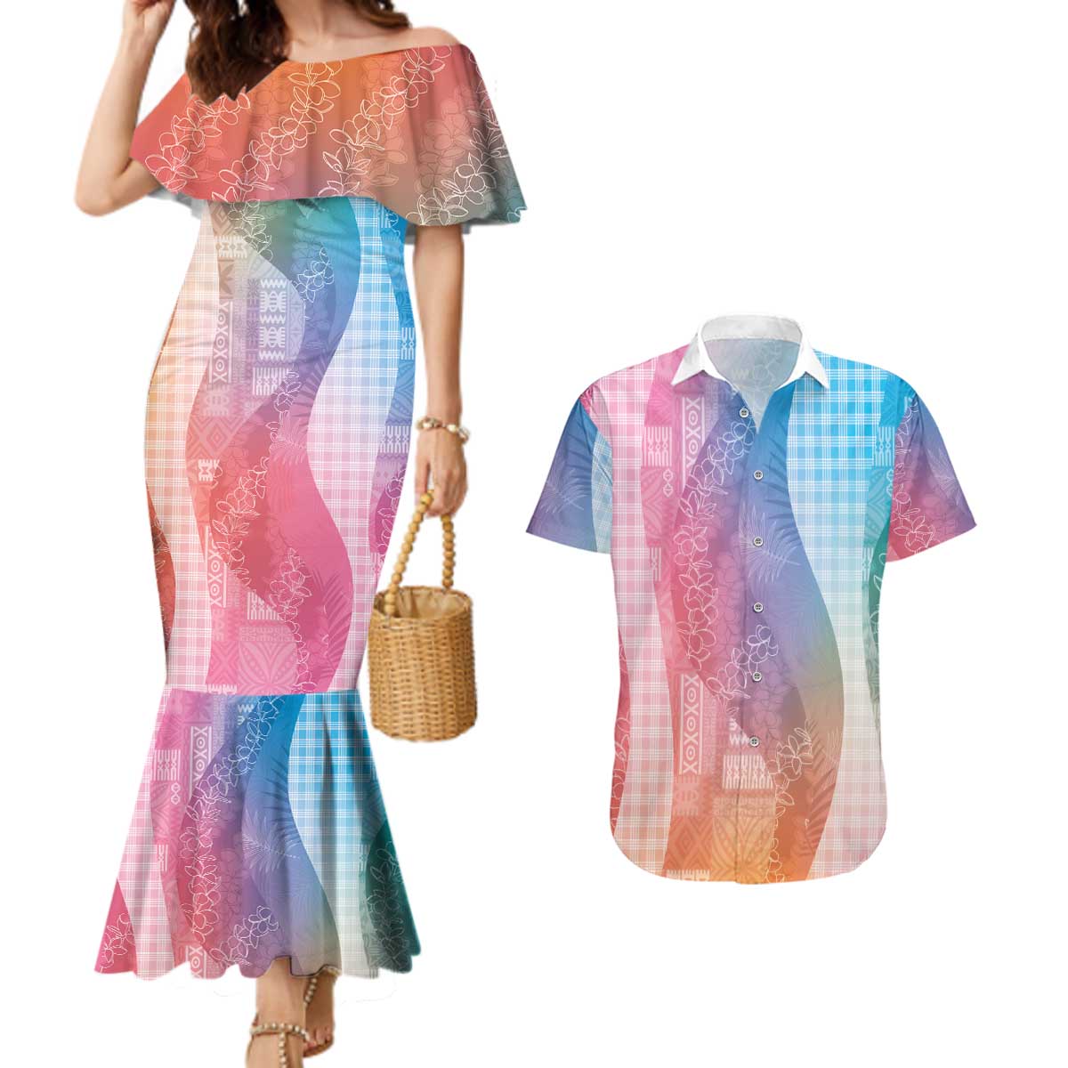 Polynesian Tribal Pattern Patchwork Picturesque Couples Matching Mermaid Dress and Hawaiian Shirt Holographic