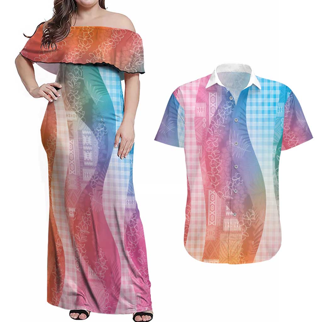 Polynesian Tribal Pattern Patchwork Picturesque Couples Matching Off Shoulder Maxi Dress and Hawaiian Shirt Holographic