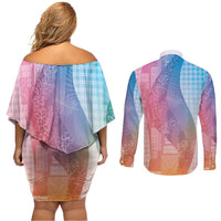 Polynesian Tribal Pattern Patchwork Picturesque Couples Matching Off Shoulder Short Dress and Long Sleeve Button Shirt Holographic LT7 - Polynesian Pride