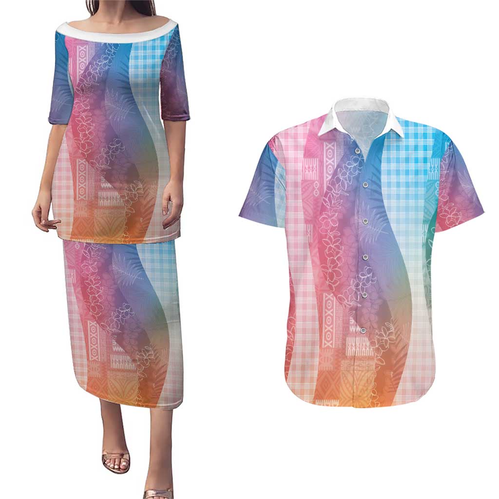 Polynesian Tribal Pattern Patchwork Picturesque Couples Matching Puletasi and Hawaiian Shirt Holographic