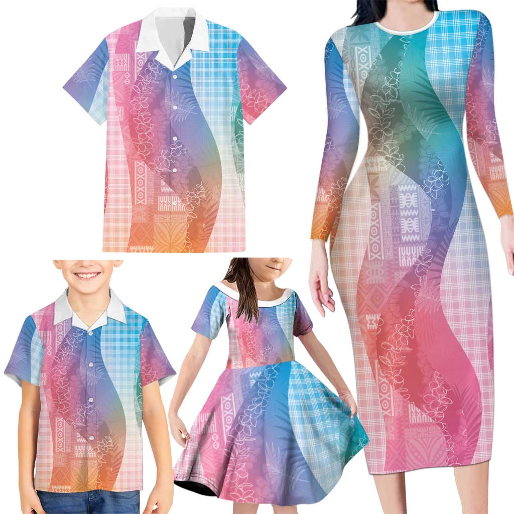Polynesian Tribal Pattern Patchwork Picturesque Family Matching Long Sleeve Bodycon Dress and Hawaiian Shirt Holographic
