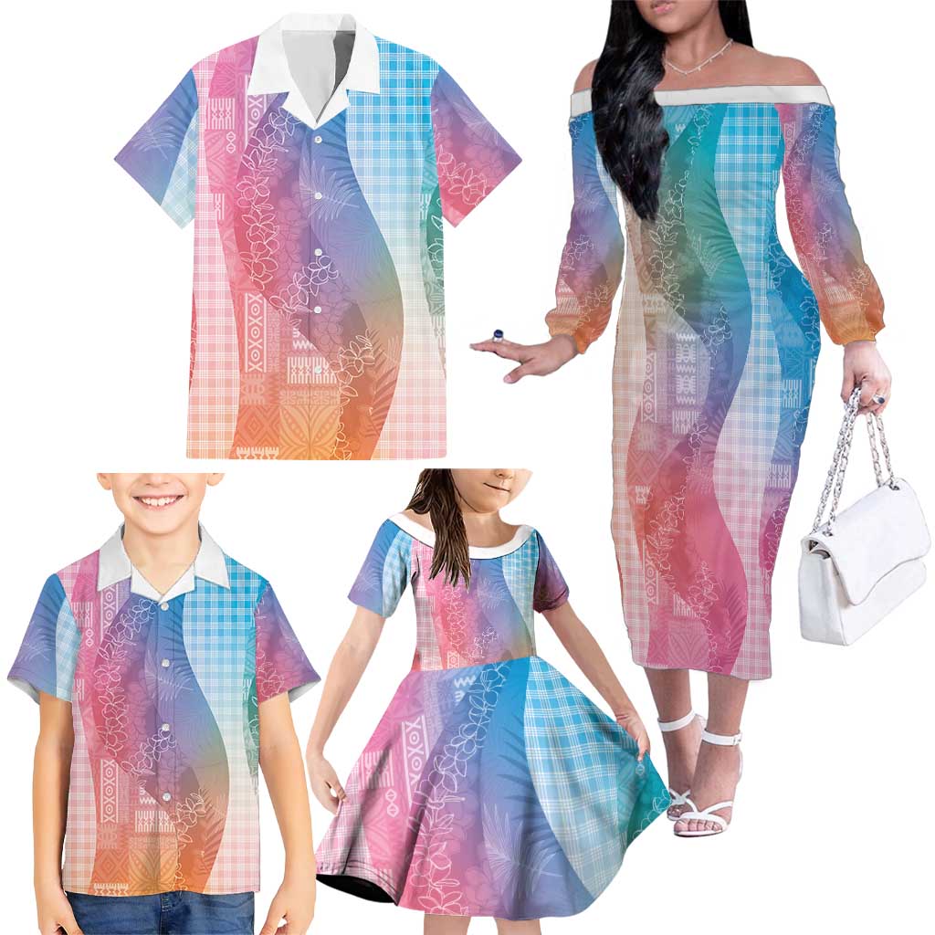 Polynesian Tribal Pattern Patchwork Picturesque Family Matching Off The Shoulder Long Sleeve Dress and Hawaiian Shirt Holographic