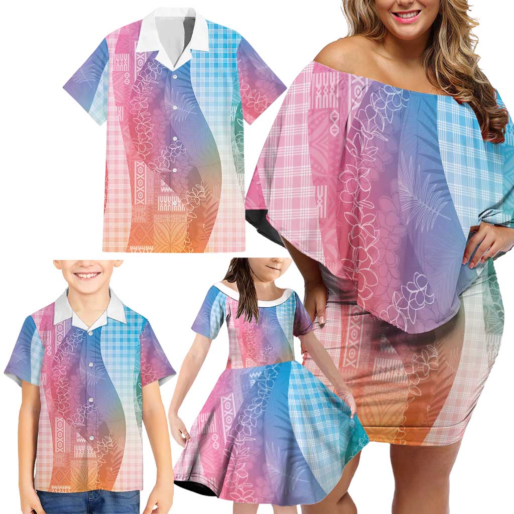 Polynesian Tribal Pattern Patchwork Picturesque Family Matching Off Shoulder Short Dress and Hawaiian Shirt Holographic