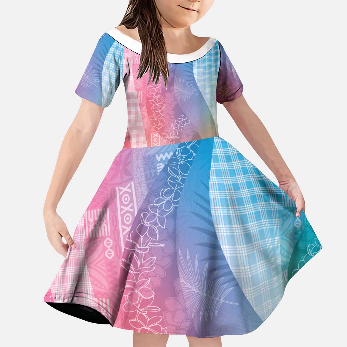 Polynesian Tribal Pattern Patchwork Picturesque Kid Short Sleeve Dress Holographic