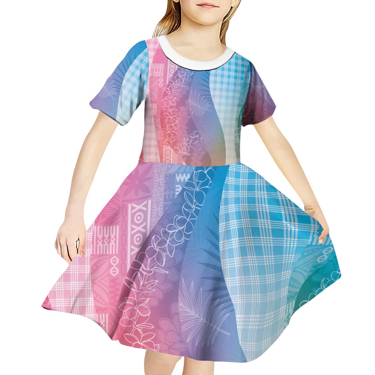 Polynesian Tribal Pattern Patchwork Picturesque Kid Short Sleeve Dress Holographic