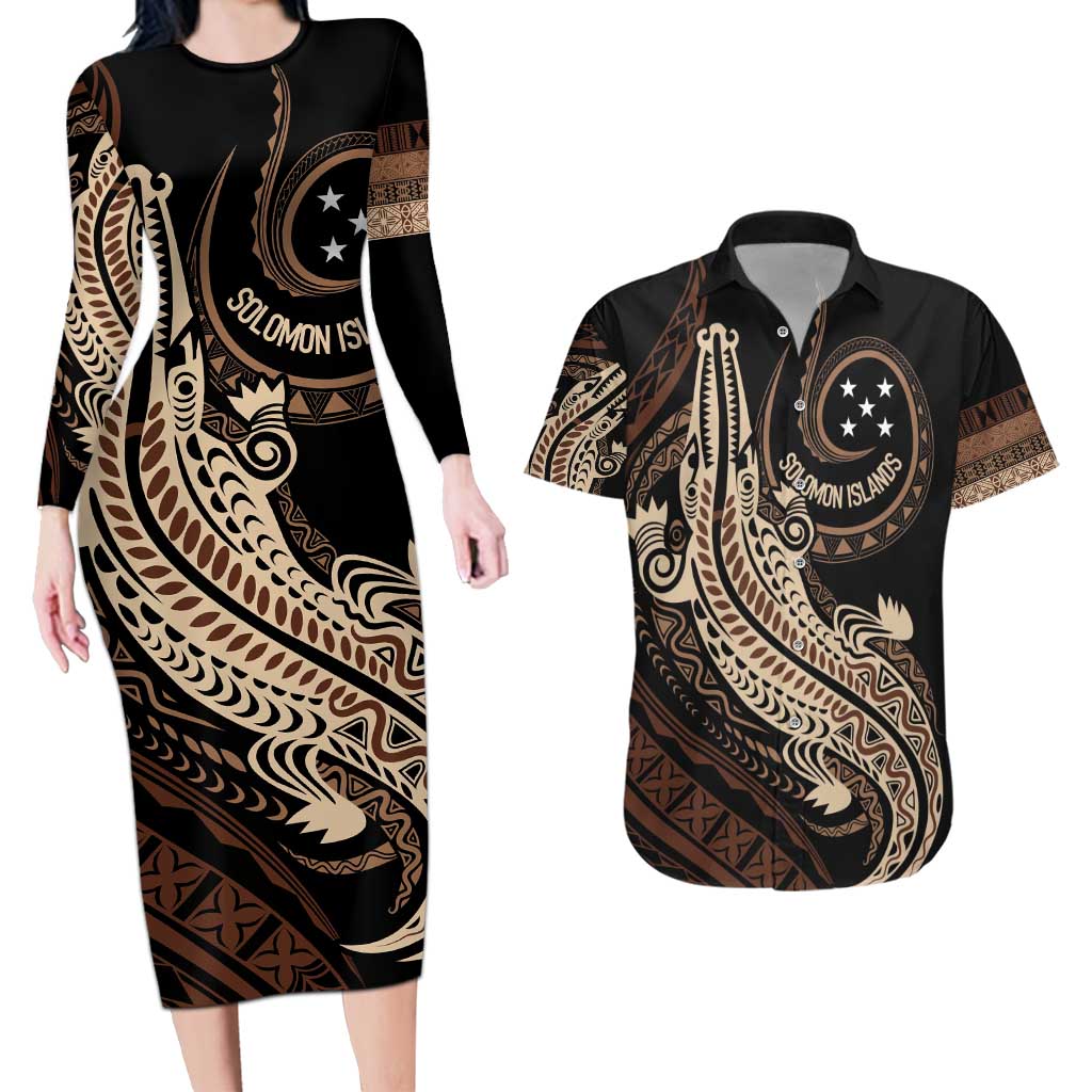 Personalized Solomon Islands Crocodile Couples Matching Long Sleeve Bodycon Dress and Hawaiian Shirt Hapi Isles - Independence Anniversary
