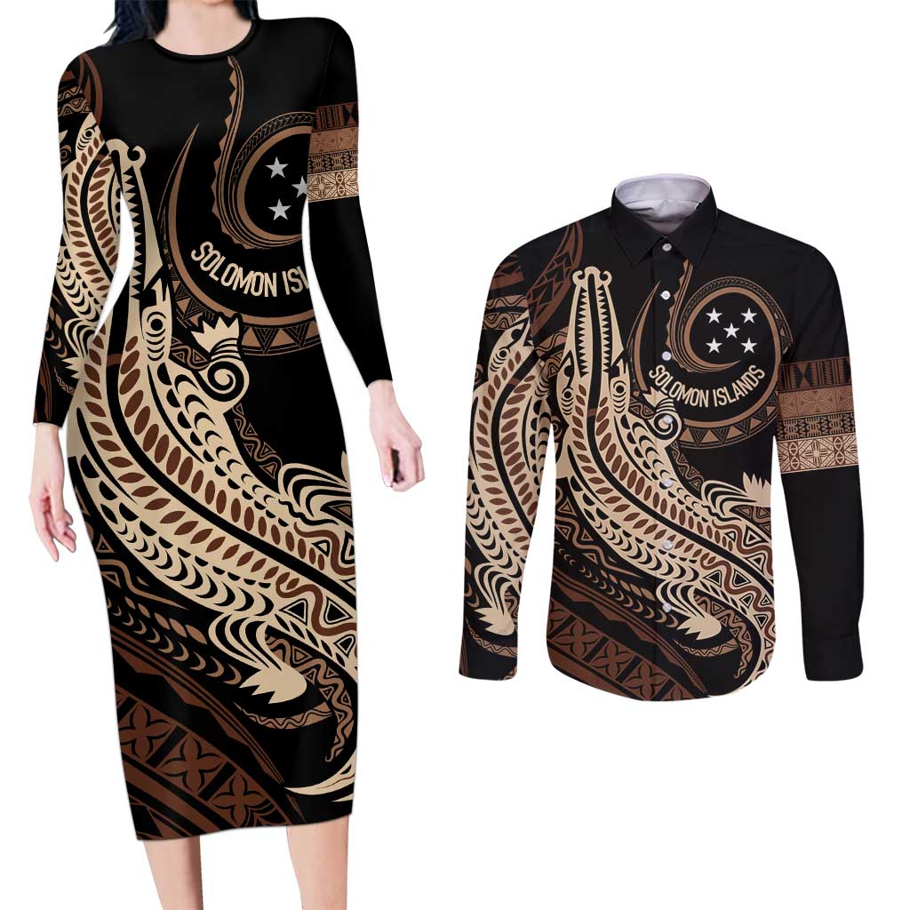 Personalized Solomon Islands Crocodile Couples Matching Long Sleeve Bodycon Dress and Long Sleeve Button Shirt Hapi Isles - Independence Anniversary