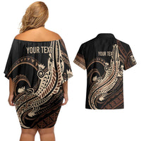 Personalized Solomon Islands Crocodile Couples Matching Off Shoulder Short Dress and Hawaiian Shirt Hapi Isles - Independence Anniversary