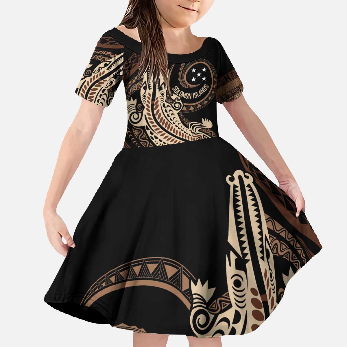 Personalized Solomon Islands Crocodile Family Matching Off The Shoulder Long Sleeve Dress and Hawaiian Shirt Hapi Isles - Independence Anniversary