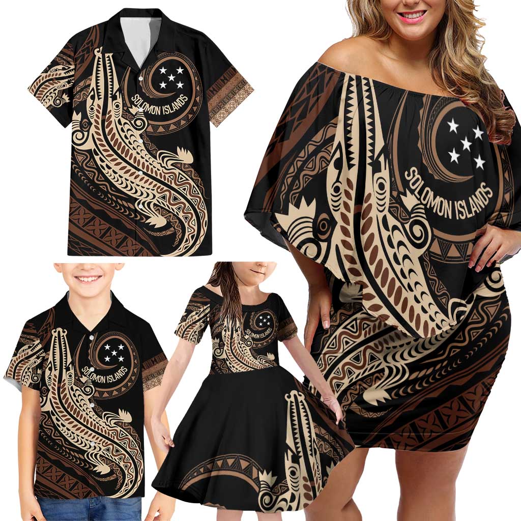 Personalized Solomon Islands Crocodile Family Matching Off Shoulder Short Dress and Hawaiian Shirt Hapi Isles - Independence Anniversary