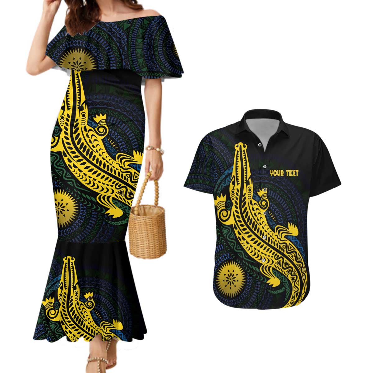 Personalized Solomon Islands Independence Anniversary Couples Matching Mermaid Dress and Hawaiian Shirt Crocodile Mix Tapa