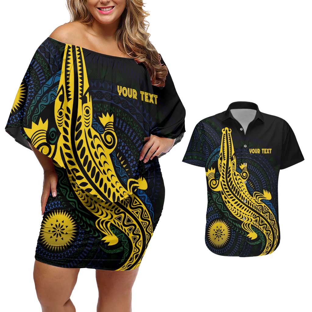 Personalized Solomon Islands Independence Anniversary Couples Matching Off Shoulder Short Dress and Hawaiian Shirt Crocodile Mix Tapa
