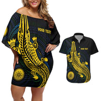 Personalized Solomon Islands Independence Anniversary Couples Matching Off Shoulder Short Dress and Hawaiian Shirt Crocodile Mix Tapa