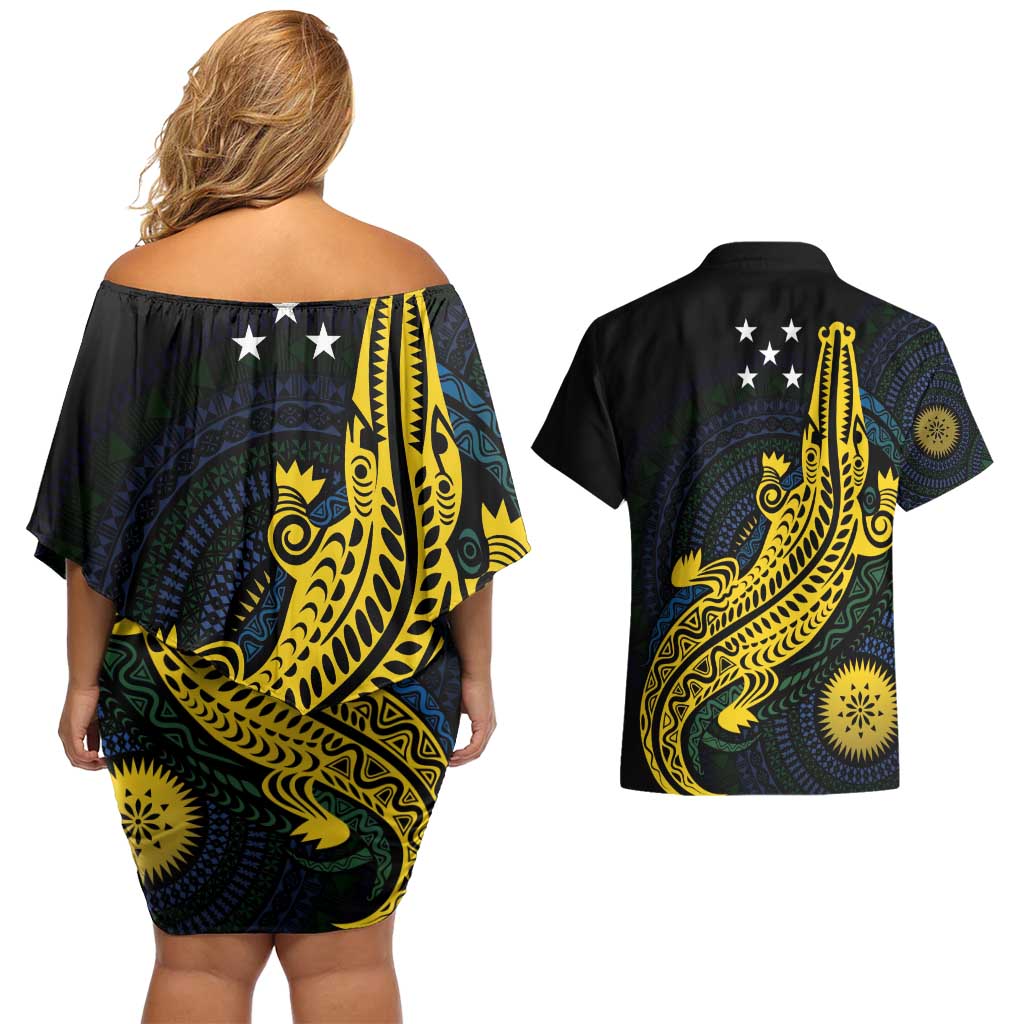 Personalized Solomon Islands Independence Anniversary Couples Matching Off Shoulder Short Dress and Hawaiian Shirt Crocodile Mix Tapa