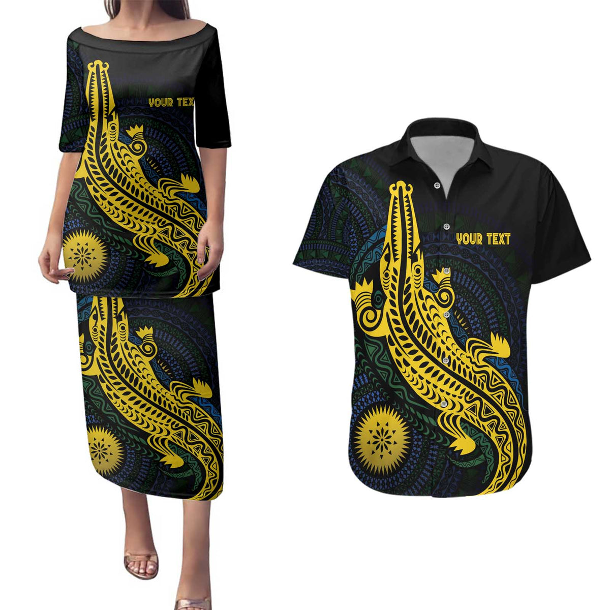 Personalized Solomon Islands Independence Anniversary Couples Matching Puletasi and Hawaiian Shirt Crocodile Mix Tapa