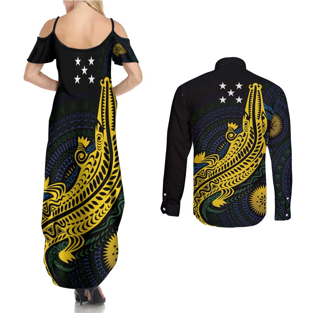 Personalized Solomon Islands Independence Anniversary Couples Matching Summer Maxi Dress and Long Sleeve Button Shirt Crocodile Mix Tapa
