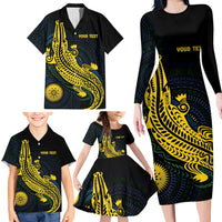 Personalized Solomon Islands Independence Anniversary Family Matching Long Sleeve Bodycon Dress and Hawaiian Shirt Crocodile Mix Tapa