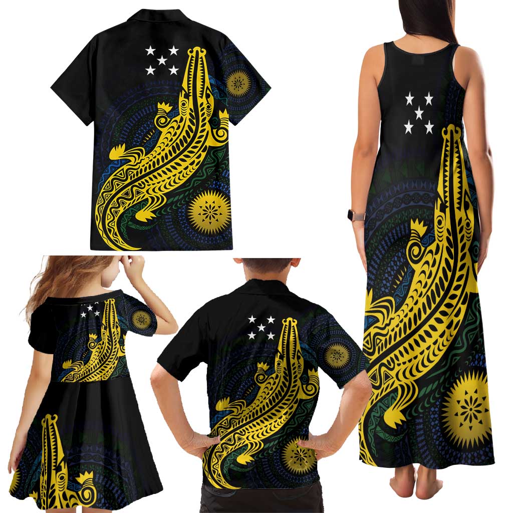 Personalized Solomon Islands Independence Anniversary Family Matching Tank Maxi Dress and Hawaiian Shirt Crocodile Mix Tapa
