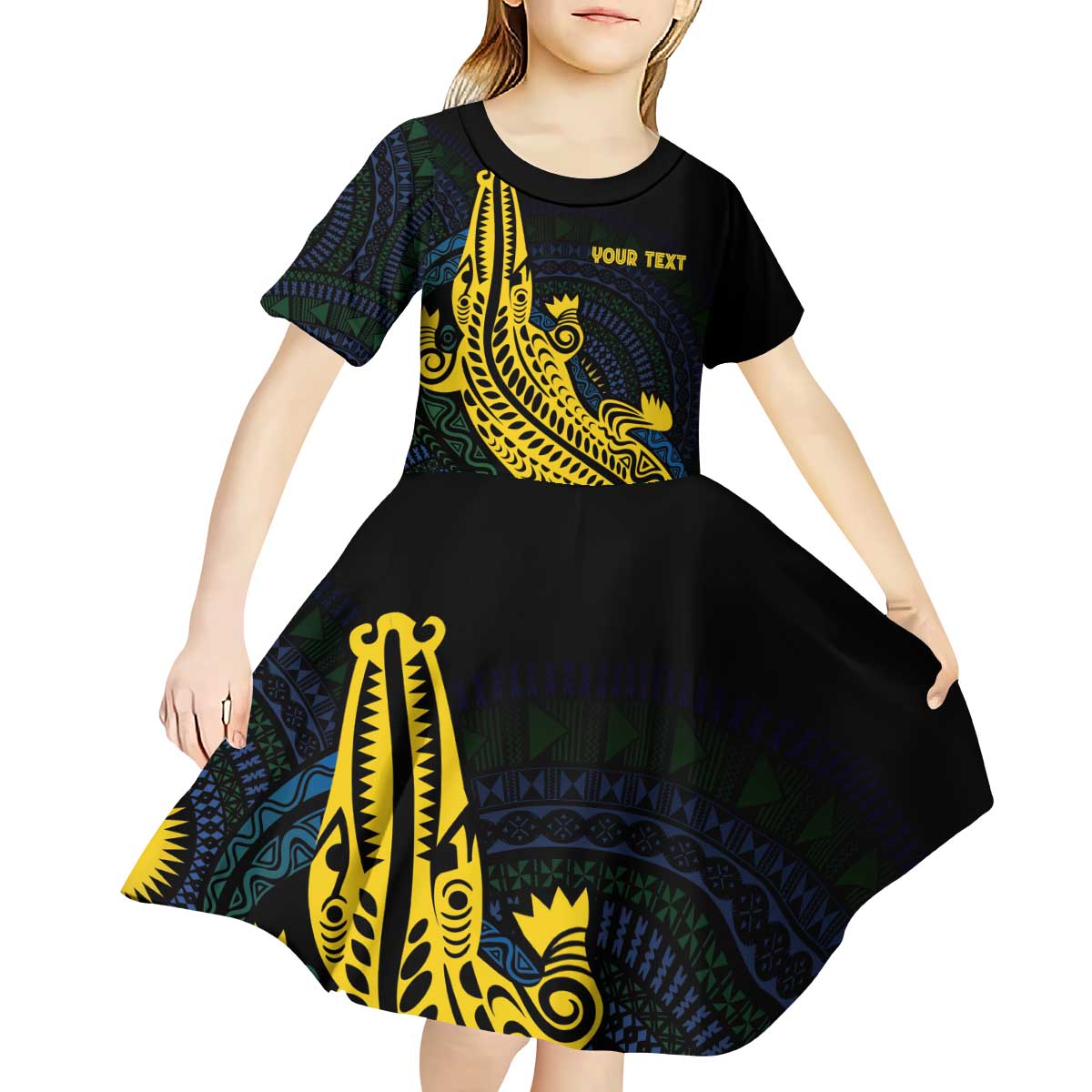 Personalized Solomon Islands Independence Anniversary Kid Short Sleeve Dress Crocodile Mix Tapa