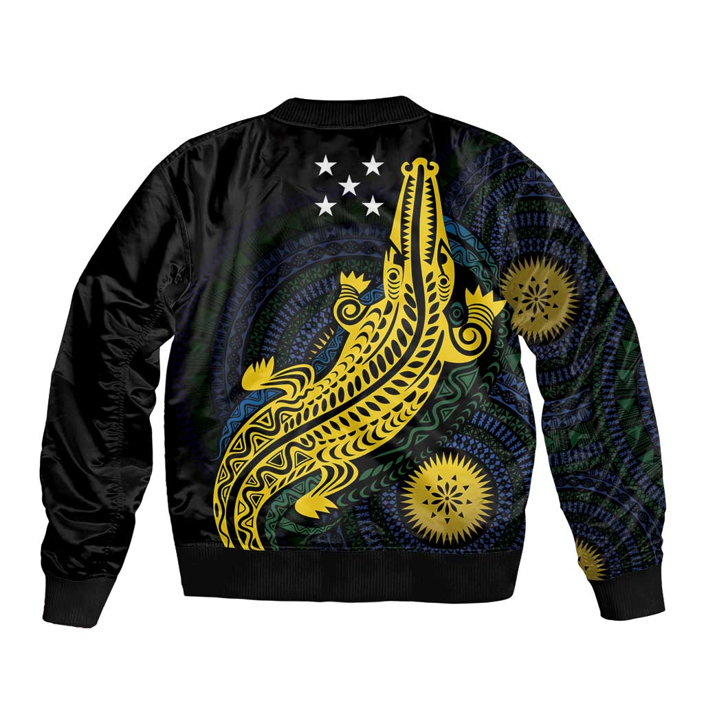Personalized Solomon Islands Independence Anniversary Sleeve Zip Bomber Jacket Crocodile Mix Tapa
