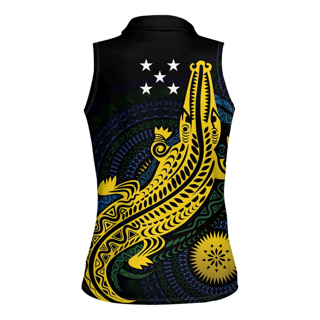 Personalized Solomon Islands Independence Anniversary Women Sleeveless Polo Shirt Crocodile Mix Tapa