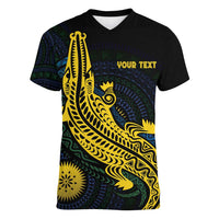 Personalized Solomon Islands Independence Anniversary Women V-Neck T-Shirt Crocodile Mix Tapa