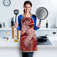 Aotearoa Maori Koru Curves Apron Silver Ferns - Crimson Red