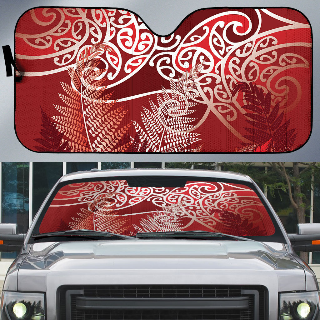 Aotearoa Maori Koru Curves Auto Sun Shade Silver Ferns - Crimson Red