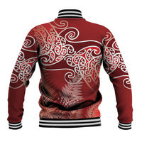Aotearoa Maori Koru Curves Baseball Jacket Silver Ferns - Crimson Red