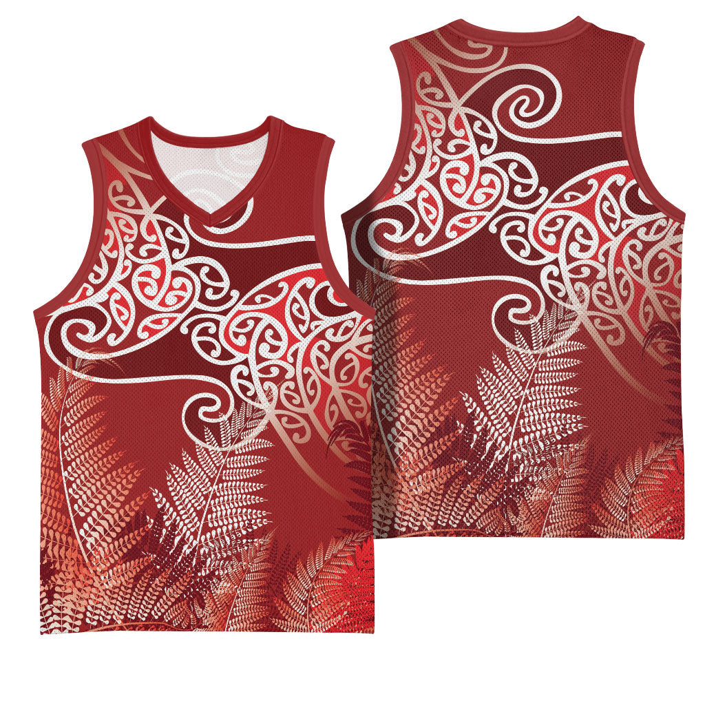 Aotearoa Maori Koru Curves Basketball Jersey Silver Ferns - Crimson Red
