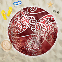Aotearoa Maori Koru Curves Beach Blanket Silver Ferns - Crimson Red