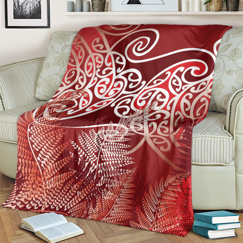 Aotearoa Maori Koru Curves Blanket Silver Ferns - Crimson Red